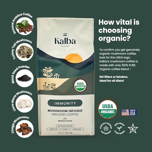 Kalba Organic Mushroom Coffee Organic Coffee Grounds, Medium Roast 10oz | Arabica Coffee with Lion's mane, Chaga, Turkey Tail, & Nigella Seed for Energy Boost & Immunity