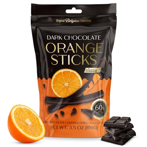 Decadent Belgian Dark Chocolate Orange Sticks - Gourmet Covered 60% Dark Chocolate Dried Orange Peels, 3.5 oz Resealable Pouch, Non-GMO, Perfect Treat for Chocolate Lovers