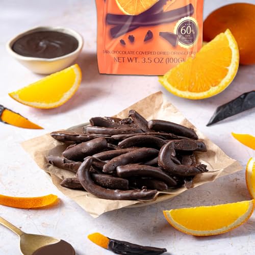 Decadent Belgian Dark Chocolate Orange Sticks - Gourmet Covered 60% Dark Chocolate Dried Orange Peels, 3.5 oz Resealable Pouch, Non-GMO, Perfect Treat for Chocolate Lovers