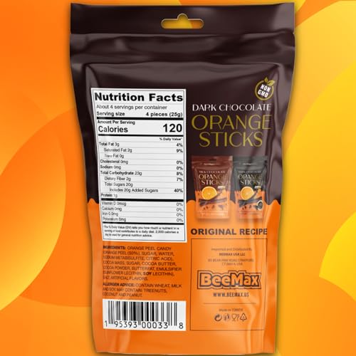 Decadent Belgian Dark Chocolate Orange Sticks - Gourmet Covered 60% Dark Chocolate Dried Orange Peels, 3.5 oz Resealable Pouch, Non-GMO, Perfect Treat for Chocolate Lovers