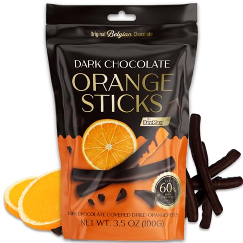 Decadent Belgian Dark Chocolate Orange Sticks - Gourmet Covered 60% Dark Chocolate Dried Orange Peels, 3.5 oz Resealable Pouch, Non-GMO, Perfect Treat for Chocolate Lovers
