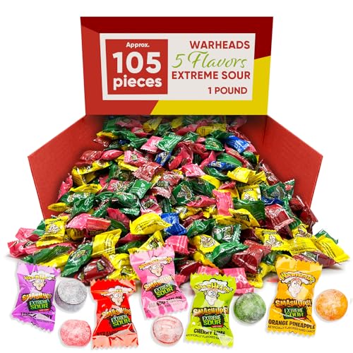 Warheds 5 Assorted Fruit Flavors Extreme Sour - 1 Pounds Approx 105 Pieces of Hard Candy Bulk Individually Wrapped Candy - Mixed Fruit Assorted Flavors Lemon - Watermelon - Blue Raspberry - Black Cherry - Apple - Ideal as Pinata Stuffers Candy - Extreme Sour Candy Balls Adults & Kids Candy - Assorted Candy Flavors