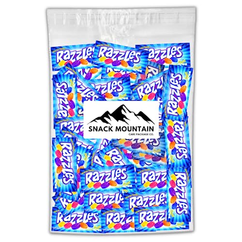 Snack Mountain Razzles Gum Candy, Razzles Gum in Bulk, 2-Piece Individually Wrapped Vintage Candy, Bulk Gum, Gum Pack, Variety Flavors Grape, Tangerine, Orange Gum, Blue Raspberry Gum 60s Candy, 60 Pack