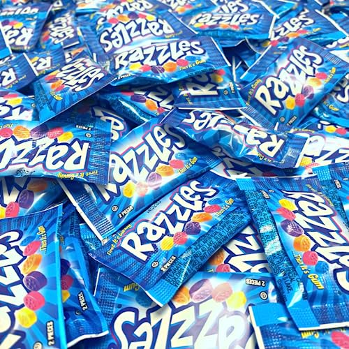Snack Mountain Razzles Gum Candy, Razzles Gum in Bulk, 2-Piece Individually Wrapped Vintage Candy, Bulk Gum, Gum Pack, Variety Flavors Grape, Tangerine, Orange Gum, Blue Raspberry Gum 60s Candy, 60 Pack