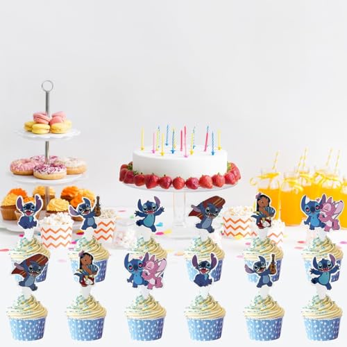 48Pcs Stitch Cupcake Toppers Stitch Birthday Party Supplies Lilo Theme Party Cake Decorations (Stitch)