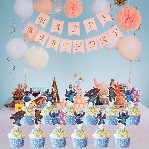 48Pcs Stitch Cupcake Toppers Stitch Birthday Party Supplies Lilo Theme Party Cake Decorations (Stitch)