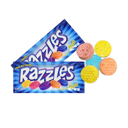 Snack Mountain Razzles Gum Candy, Razzles Gum in Bulk, 2-Piece Individually Wrapped Vintage Candy, Bulk Gum, Gum Pack, Variety Flavors Grape, Tangerine, Orange Gum, Blue Raspberry Gum 60s Candy, 60 Pack