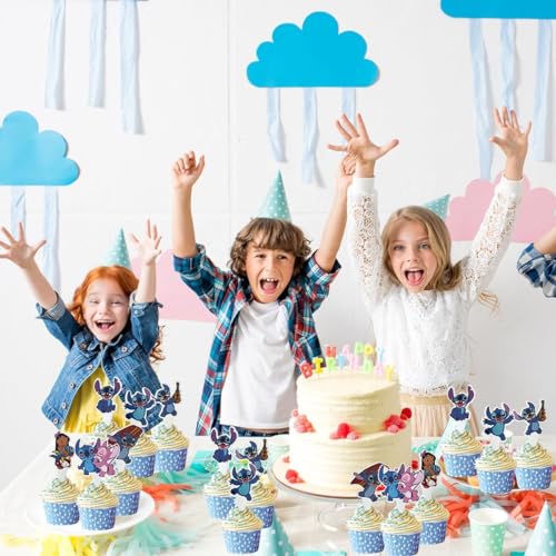 48Pcs Stitch Cupcake Toppers Stitch Birthday Party Supplies Lilo Theme Party Cake Decorations (Stitch)