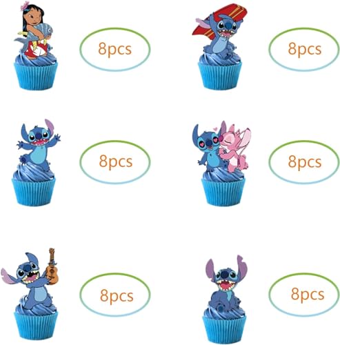 48Pcs Stitch Cupcake Toppers Stitch Birthday Party Supplies Lilo Theme Party Cake Decorations (Stitch)