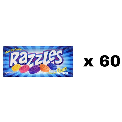 Snack Mountain Razzles Gum Candy, Razzles Gum in Bulk, 2-Piece Individually Wrapped Vintage Candy, Bulk Gum, Gum Pack, Variety Flavors Grape, Tangerine, Orange Gum, Blue Raspberry Gum 60s Candy, 60 Pack
