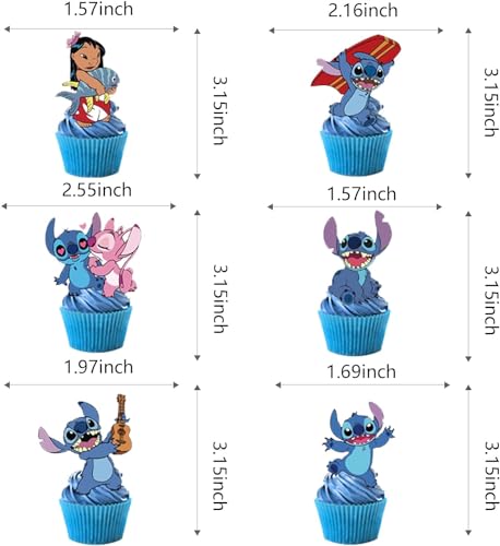 48Pcs Stitch Cupcake Toppers Stitch Birthday Party Supplies Lilo Theme Party Cake Decorations (Stitch)