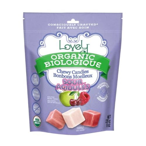 Lovely Candy Co. Organic Sour Chewy Candies 8oz Bag (1-pack) | Natural Raspberry, Apple & Cherry Flavors | Vegan, Gluten Free, Non-GMO, No Artificial Ingredients, Individually Wrapped