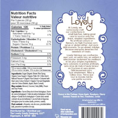 Lovely Candy Co. Organic Sour Chewy Candies 8oz Bag (1-pack) | Natural Raspberry, Apple & Cherry Flavors | Vegan, Gluten Free, Non-GMO, No Artificial Ingredients, Individually Wrapped