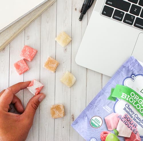 Lovely Candy Co. Organic Sour Chewy Candies 8oz Bag (1-pack) | Natural Raspberry, Apple & Cherry Flavors | Vegan, Gluten Free, Non-GMO, No Artificial Ingredients, Individually Wrapped
