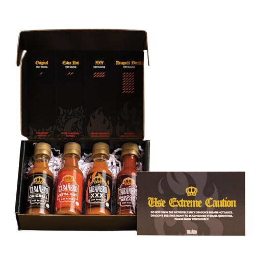 Mini Hot Sauce Challenge Box by Tabañero, Original, Extra Hot, XXX Hot & Dragon’s Breath, Fathers Day Gift, Gluten Free, All Natural, Low Sodium, Vegan, Kosher, Made in the USA, 4-Pack, 1.7 oz Bottles