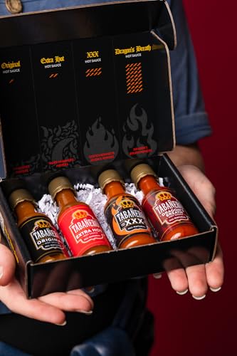 Mini Hot Sauce Challenge Box by Tabañero, Original, Extra Hot, XXX Hot & Dragon’s Breath, Fathers Day Gift, Gluten Free, All Natural, Low Sodium, Vegan, Kosher, Made in the USA, 4-Pack, 1.7 oz Bottles