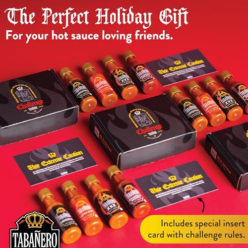 Mini Hot Sauce Challenge Box by Tabañero, Original, Extra Hot, XXX Hot & Dragon’s Breath, Fathers Day Gift, Gluten Free, All Natural, Low Sodium, Vegan, Kosher, Made in the USA, 4-Pack, 1.7 oz Bottles