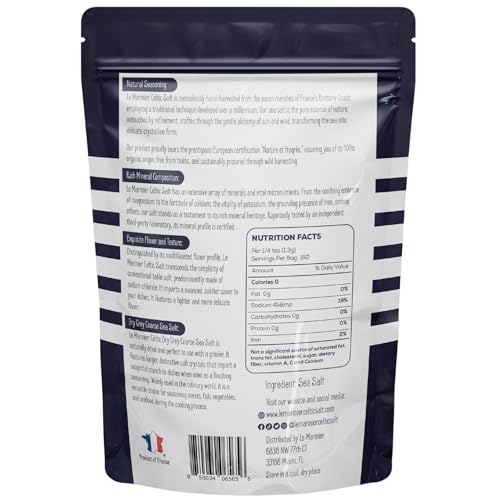 Le Marinier Celtic Salt Dry Grey Coarse Sea Salt, 0.6lb - 8.81oz. Unrefined French Sea Salt 100% Natural, Hand Harvested Mineral Celtic Salt, Sel Gris, Sea Salt for grinder refill (0.6lb Dry Grey Coarse)