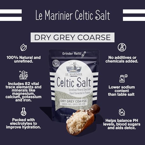 Le Marinier Celtic Salt Dry Grey Coarse Sea Salt, 0.6lb - 8.81oz. Unrefined French Sea Salt 100% Natural, Hand Harvested Mineral Celtic Salt, Sel Gris, Sea Salt for grinder refill (0.6lb Dry Grey Coarse)