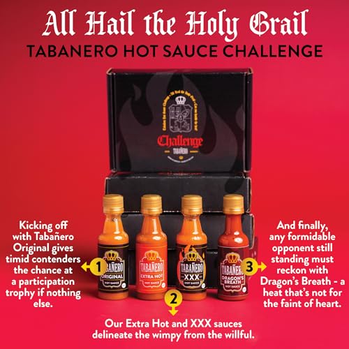 Mini Hot Sauce Challenge Box by Tabañero, Original, Extra Hot, XXX Hot & Dragon’s Breath, Fathers Day Gift, Gluten Free, All Natural, Low Sodium, Vegan, Kosher, Made in the USA, 4-Pack, 1.7 oz Bottles