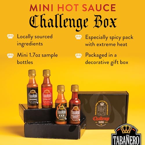 Mini Hot Sauce Challenge Box by Tabañero, Original, Extra Hot, XXX Hot & Dragon’s Breath, Fathers Day Gift, Gluten Free, All Natural, Low Sodium, Vegan, Kosher, Made in the USA, 4-Pack, 1.7 oz Bottles