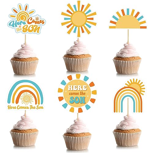 Soaoo 60 Pcs Here Comes the Son Cupcake Toppers Baby Shower Sun Cupcake Toppers Sunshine Cake and Cupcake Decorations for Sun Theme Baby Shower Birthday Wedding Party Decorations