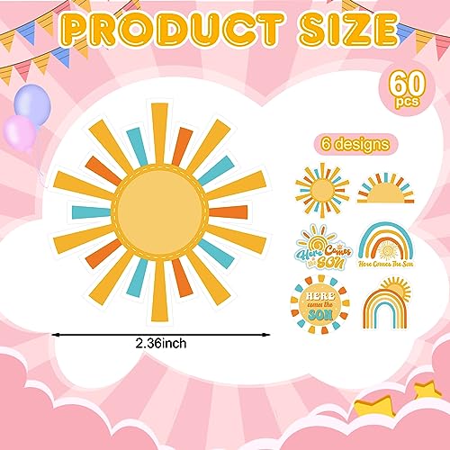 Soaoo 60 Pcs Here Comes the Son Cupcake Toppers Baby Shower Sun Cupcake Toppers Sunshine Cake and Cupcake Decorations for Sun Theme Baby Shower Birthday Wedding Party Decorations