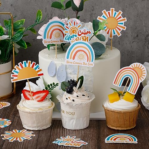 Soaoo 60 Pcs Here Comes the Son Cupcake Toppers Baby Shower Sun Cupcake Toppers Sunshine Cake and Cupcake Decorations for Sun Theme Baby Shower Birthday Wedding Party Decorations
