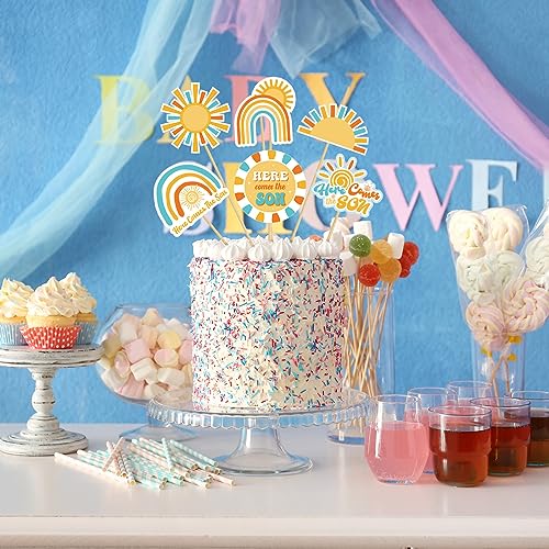 Soaoo 60 Pcs Here Comes the Son Cupcake Toppers Baby Shower Sun Cupcake Toppers Sunshine Cake and Cupcake Decorations for Sun Theme Baby Shower Birthday Wedding Party Decorations