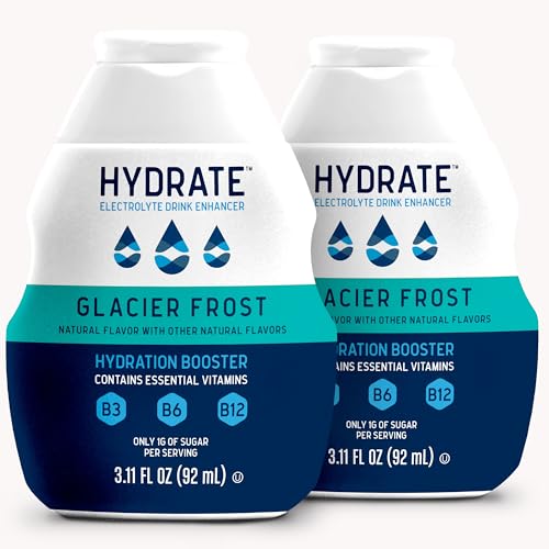 Hydrate Electrolyte Liquid Drink Enhancer Drops, Low Sugar, Low Calorie, Natural Flavor Hydration Mix with Essential Vitamins B3 B6 B12 (Glacier Frost (2 Pack))