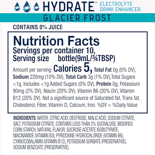 Hydrate Electrolyte Liquid Drink Enhancer Drops, Low Sugar, Low Calorie, Natural Flavor Hydration Mix with Essential Vitamins B3 B6 B12 (Glacier Frost (2 Pack))