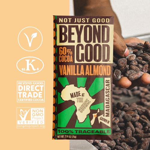 Beyond Good Chocolate Bars | Vanilla Almond Dark Chocolate | Organic, Direct Trade, Vegan, Non-GMO | Single Origin Madagascar Dark Chocolate