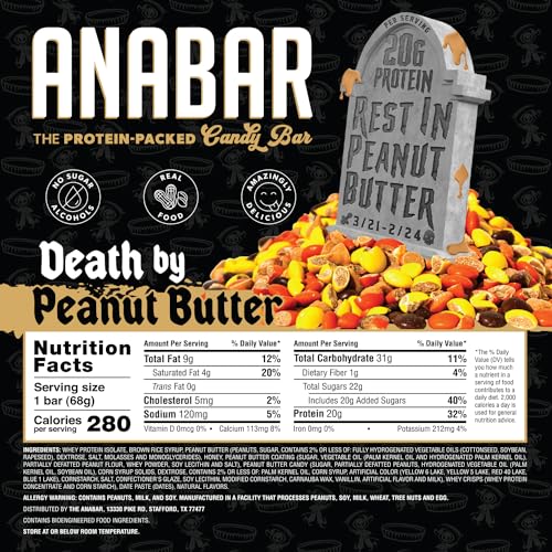 Anabar Protein Bar, The Protein-Packed Candy Bar, Amazing Tasting Protein Bar, No Sugar Alcohols, Real Food, Amazingly Delicious, 20 Grams of Protein (12 Bars, Death by Peanut Butter)
