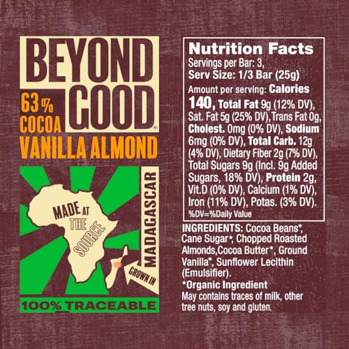 Beyond Good Chocolate Bars | Vanilla Almond Dark Chocolate | Organic, Direct Trade, Vegan, Non-GMO | Single Origin Madagascar Dark Chocolate