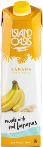 Island Oasis Banana Fruit Puree Beverage Mix, 1 Liter (Pack of 2) with By The Cup Coasters