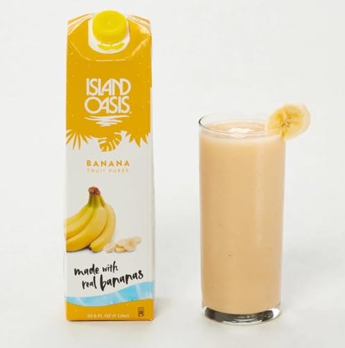 Island Oasis Banana Fruit Puree Beverage Mix, 1 Liter (Pack of 2) with By The Cup Coasters