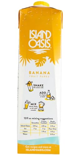 Island Oasis Banana Fruit Puree Beverage Mix, 1 Liter (Pack of 2) with By The Cup Coasters