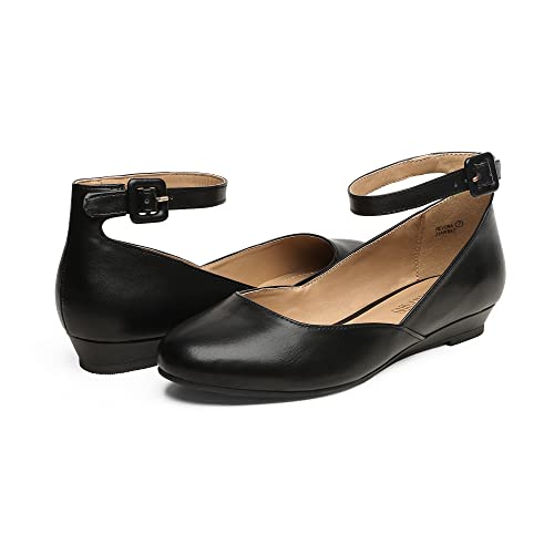 DREAM PAIRS Womens Low Wedge Ankle Strap Casual Flats Shoes, Revona，Black/PU-1,Size 7.5