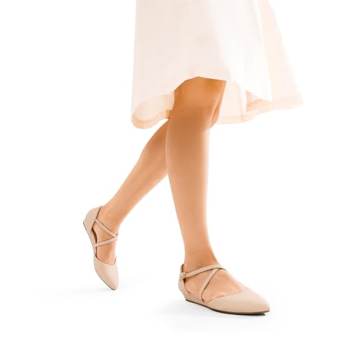 DREAM PAIRS Pointed Toe Low Wedge Heeled Ankle Strap Flats Shoes for Women Dressy Comfortable, Casual Slip-on Dress Shoes for Business Office and Work,Sdfa2402w,Nude-Nubuck,Size 7.5