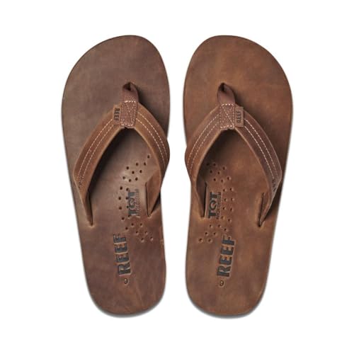 Reef Men's Leather Sandals Draftsmen | Bottle Opener Flip Flops For Men With Soft Cushion Footbed, Bronze Brown, 10
