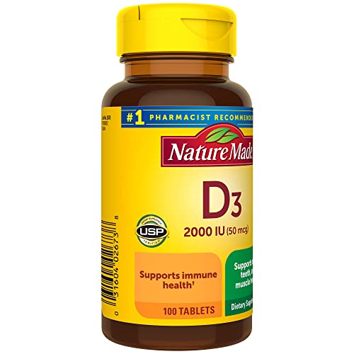 Nature Made Vitamin D3 2000 IU (50 mcg), Dietary Supplement for Bone, Teeth, Muscle and Immune Health Support, 100 Tablets, 100 Day Supply