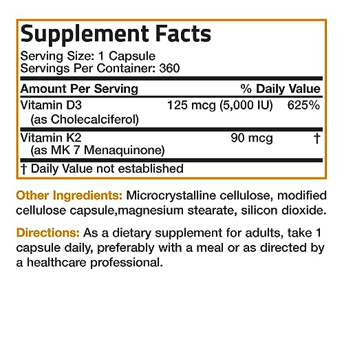 Bronson Vitamin K2 (MK7) with D3 Supplement Non-GMO Formula 5000 IU Vitamin D3 & 90 mcg Vitamin K2 MK-7 Easy to Swallow Vitamin D & K Complex, 360 Capsules