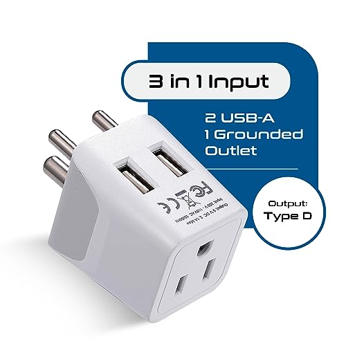 Ceptics India, Nepal, Bangladesh Travel Adapter Plug with Dual USB - Type D - Usa Input - Ultra Compact - Safe Grounded Perfect for Cell Phones, Laptops, Camera (CTU-10)