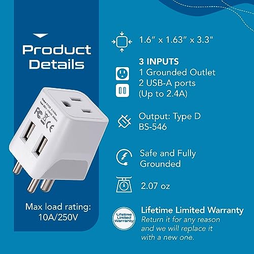 Ceptics India, Nepal, Bangladesh Travel Adapter Plug with Dual USB - Type D - Usa Input - Ultra Compact - Safe Grounded Perfect for Cell Phones, Laptops, Camera (CTU-10)