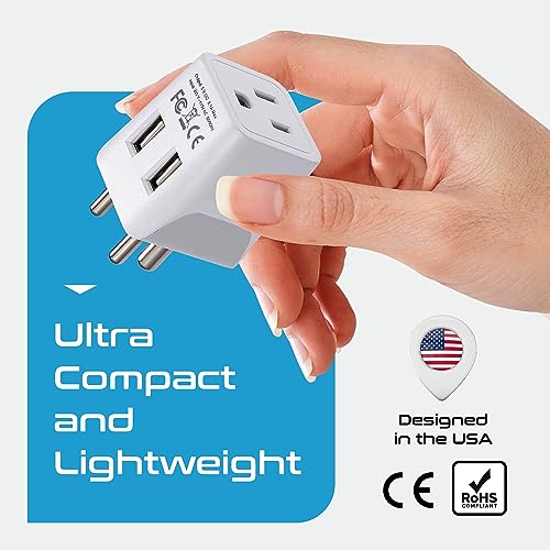 Ceptics India, Nepal, Bangladesh Travel Adapter Plug with Dual USB - Type D - Usa Input - Ultra Compact - Safe Grounded Perfect for Cell Phones, Laptops, Camera (CTU-10)