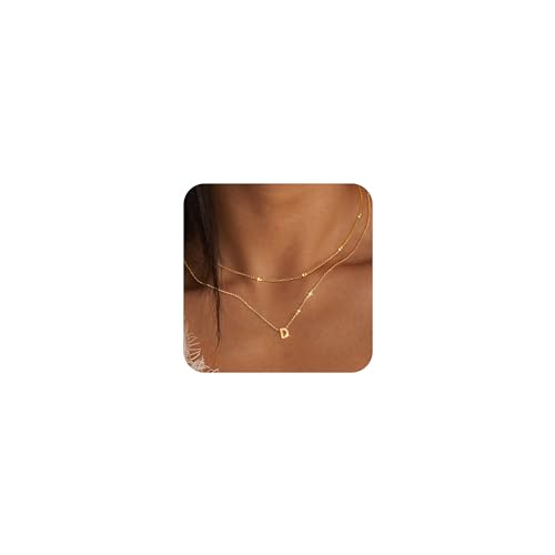 Poxtex 14K Real Gold D Necklaces for Women, Dainty Layered Gold Initial Choker Necklace for Women Thin Letter Pendant Necklaces Jewelry for Women Gifts