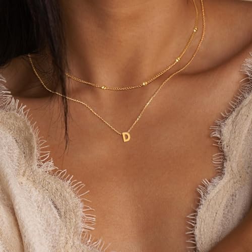Poxtex 14K Real Gold D Necklaces for Women, Dainty Layered Gold Initial Choker Necklace for Women Thin Letter Pendant Necklaces Jewelry for Women Gifts