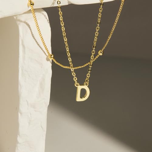 Poxtex 14K Real Gold D Necklaces for Women, Dainty Layered Gold Initial Choker Necklace for Women Thin Letter Pendant Necklaces Jewelry for Women Gifts