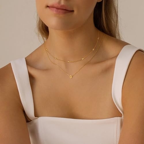 Poxtex 14K Real Gold D Necklaces for Women, Dainty Layered Gold Initial Choker Necklace for Women Thin Letter Pendant Necklaces Jewelry for Women Gifts