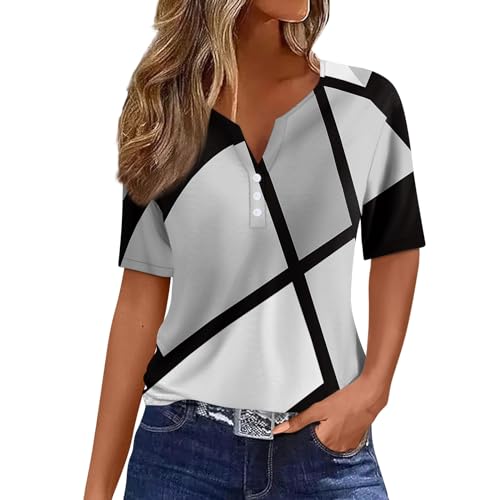 A Mazon Com, Summer Tops for Women 2024 Trendy Short Sleeve Dressy Casual Blouses Womans Tops Button V Neck Boho T-Shirts Plus Size Tunics Graphic Tees Shirts(D Light Gray,3X-Large)